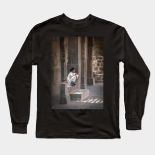 Indian Boy in White Sitting on Temple Steps Long Sleeve T-Shirt